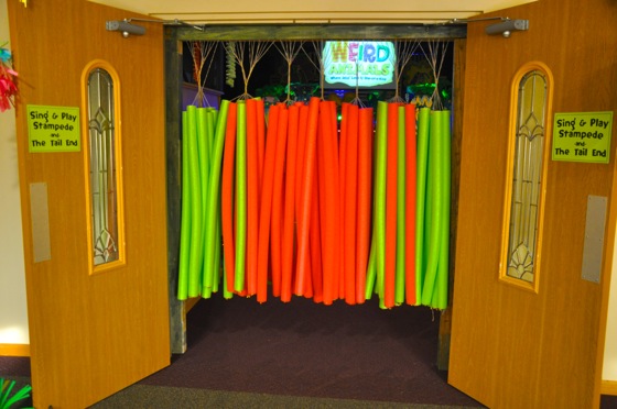 The pool-noodle door to the Worship Center.