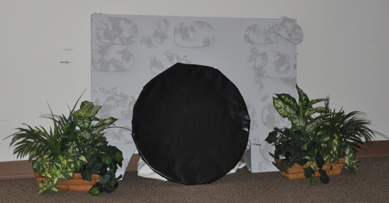 We reused part of a stone arch from Kingdom Rock VBS 2013 to make Jesus' tomb in Bible Adventures Station.