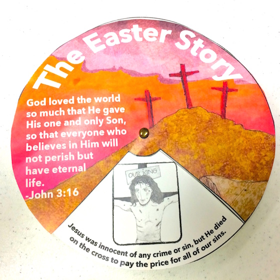 Have fun with the final product, spinning the top wheel to reveal 4 parts of the Easter story.