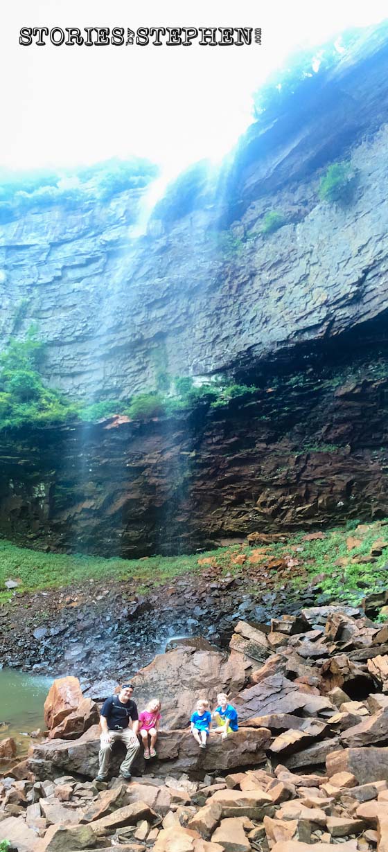 This vertical panoramic shot shows just how tiny we were under Fall Creek Falls.
