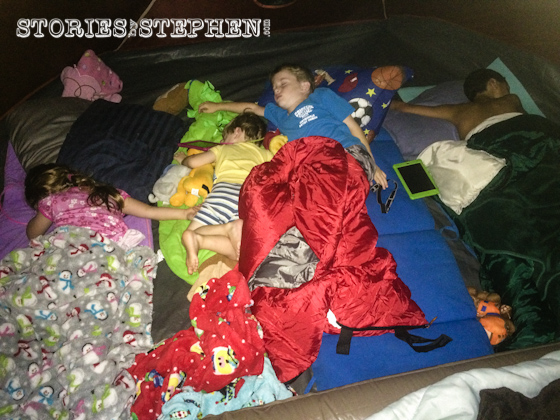 The kids slept all piled together on 1 side of my new spacious 8-man Coleman tent.