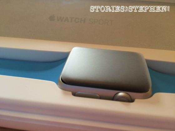 A closer look at the Apple Watch in its case.