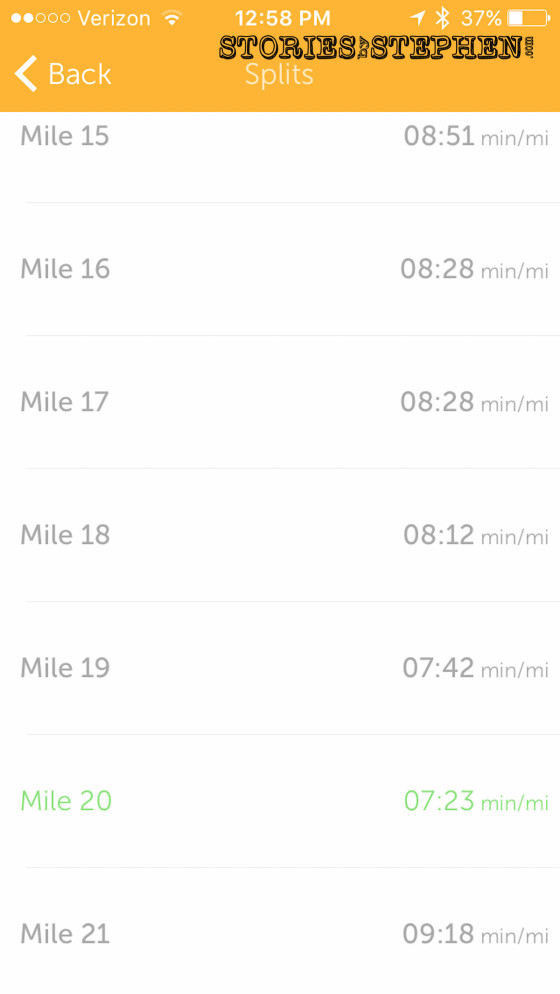 Here are my mile splits from Runkeeper (which are sometimes slightly different than Nike+).