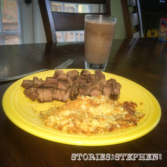 What better way is there to reload on protein and carbs after a long run than with filet, hashbrown casserole and chocolate milk?