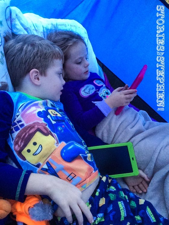 What would sleeping in a tent be without iPads? Hey I was camping by myself with 3 young kids, so I think it is alright to let them have at least 1 luxury.