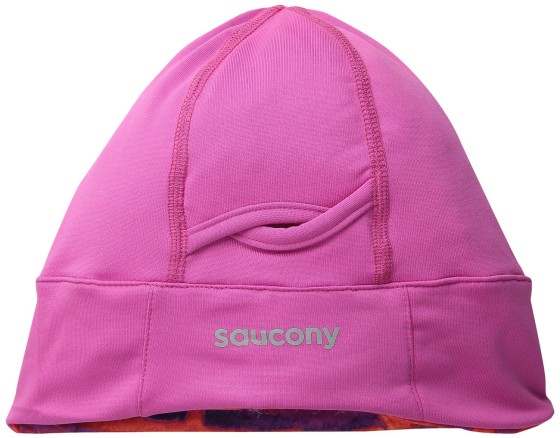 The Saucony Women's Drylete Ponytail Skull Cap will keep a woman's head warm while running, but it also has a ponytail hole.