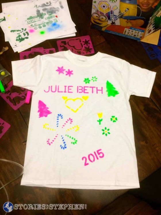 I helped Julie Beth use fabric markers and her new airbrush kit to make this Christmas t-shirt.